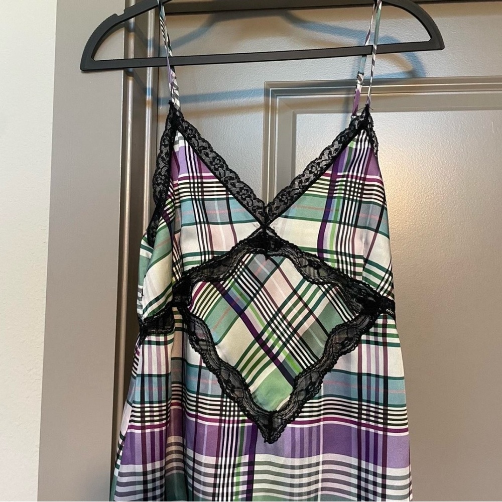 Plaid Slip Top with Lace Trim